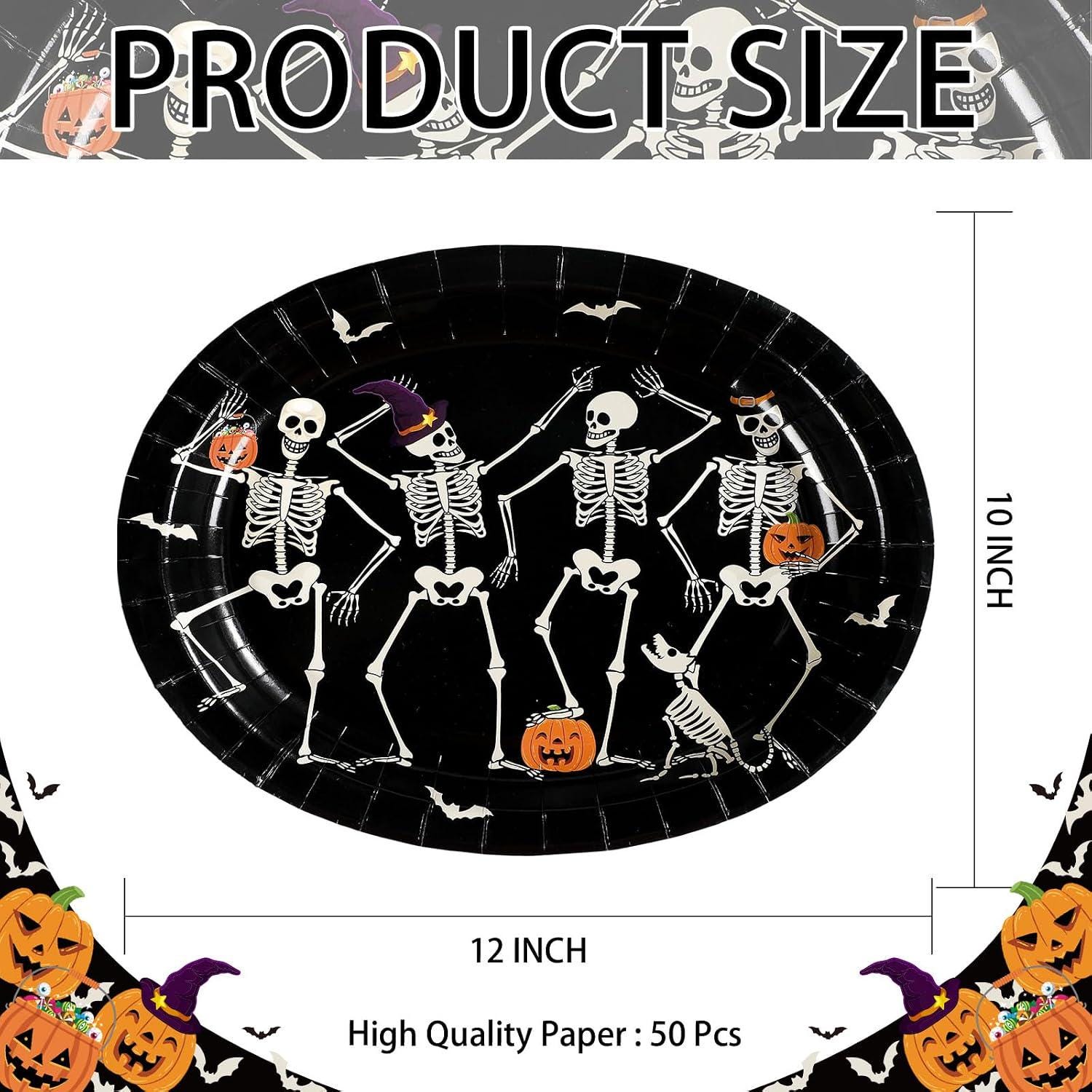 50-Piece Halloween Paper Plates, Large Oval 10x12 Inches, Dancing Skeletons Gothic Design