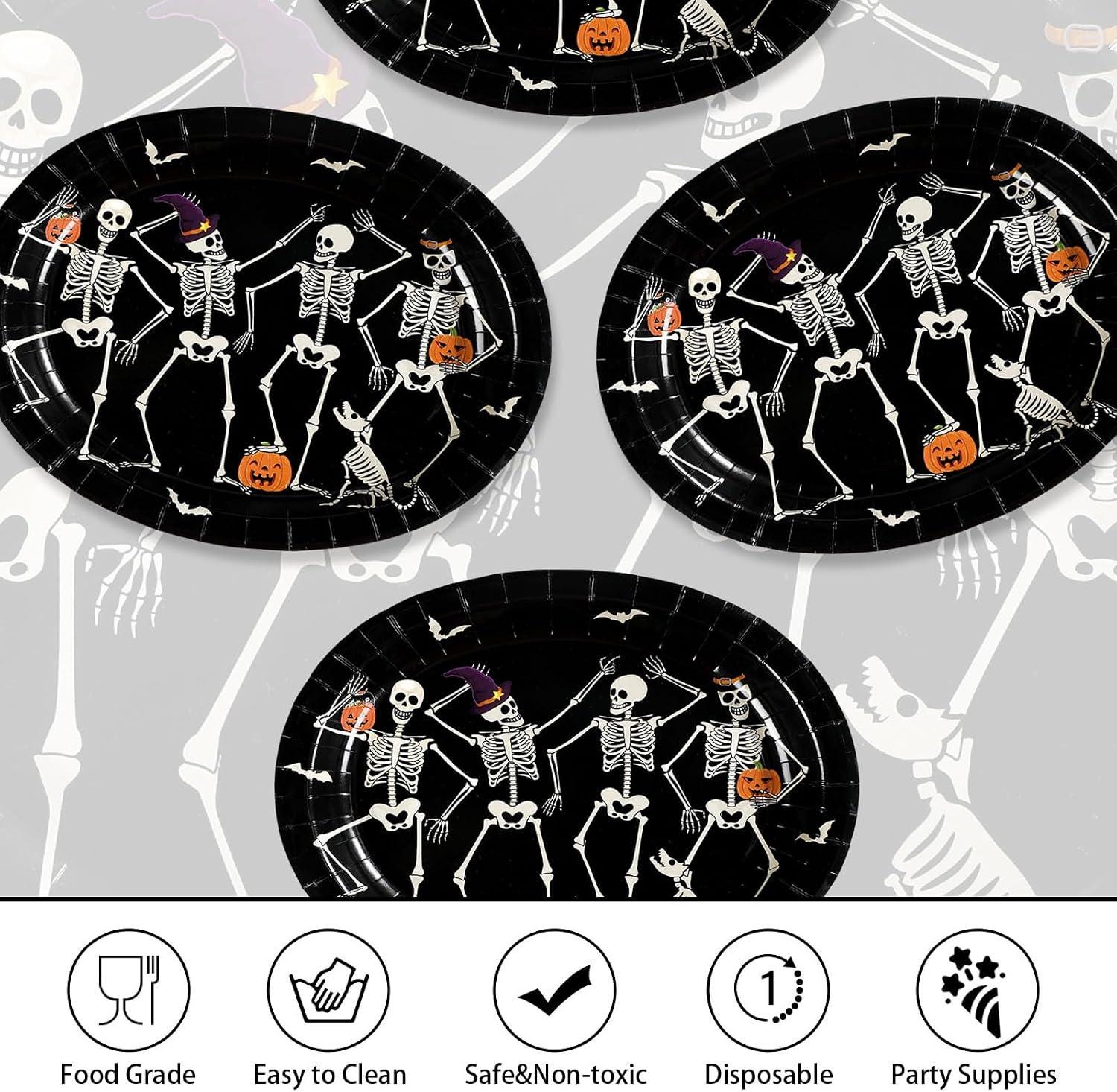 50-Piece Halloween Paper Plates, Large Oval 10x12 Inches, Dancing Skeletons Gothic Design