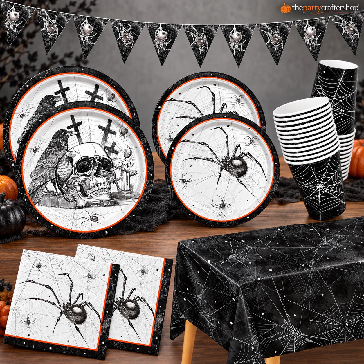Halloween Party Set: 25 Large Plates, Small Plates, Napkins, Cups, Banner, Tablecloth