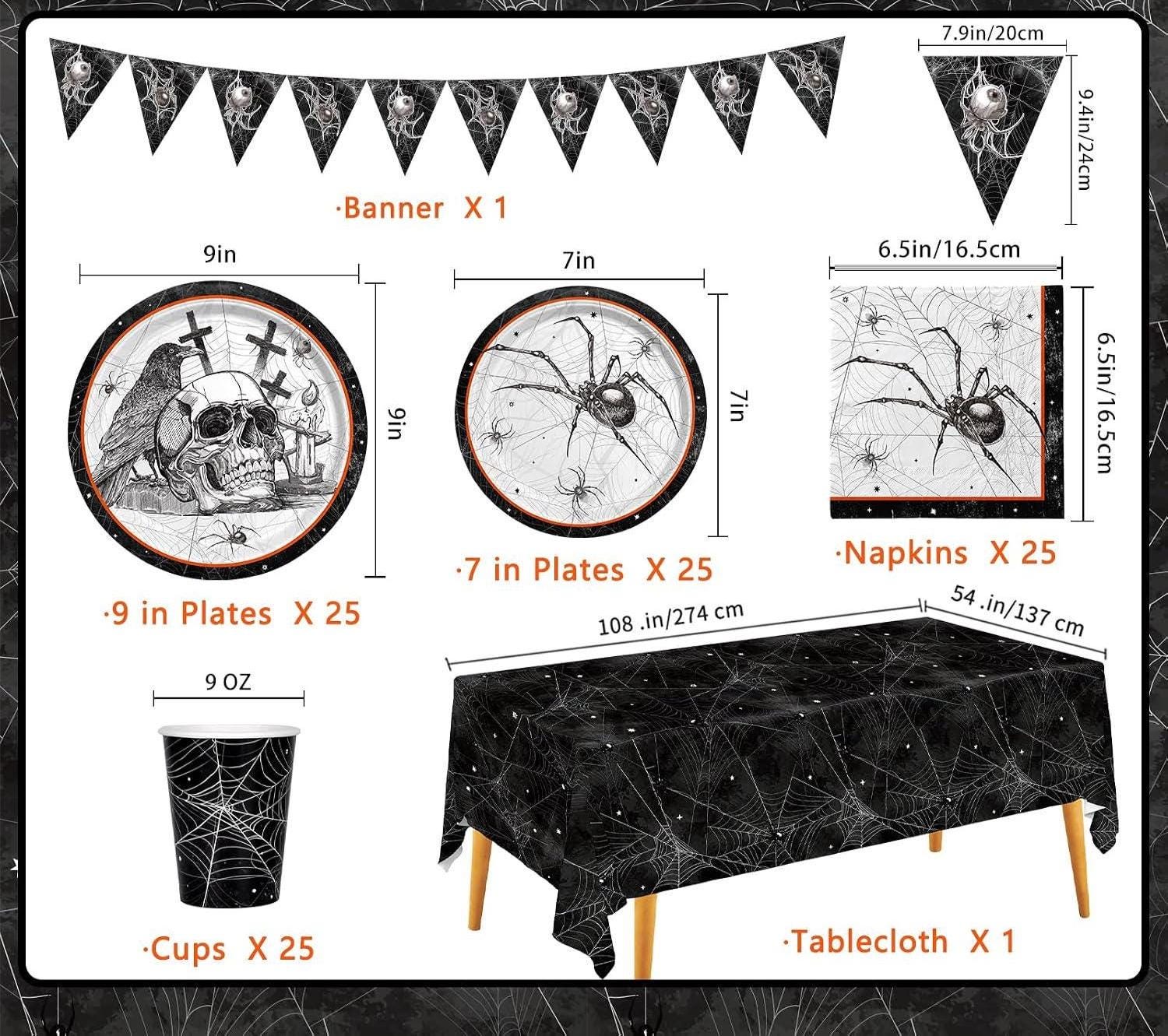 Halloween Party Set: 25 Large Plates, Small Plates, Napkins, Cups, Banner, Tablecloth