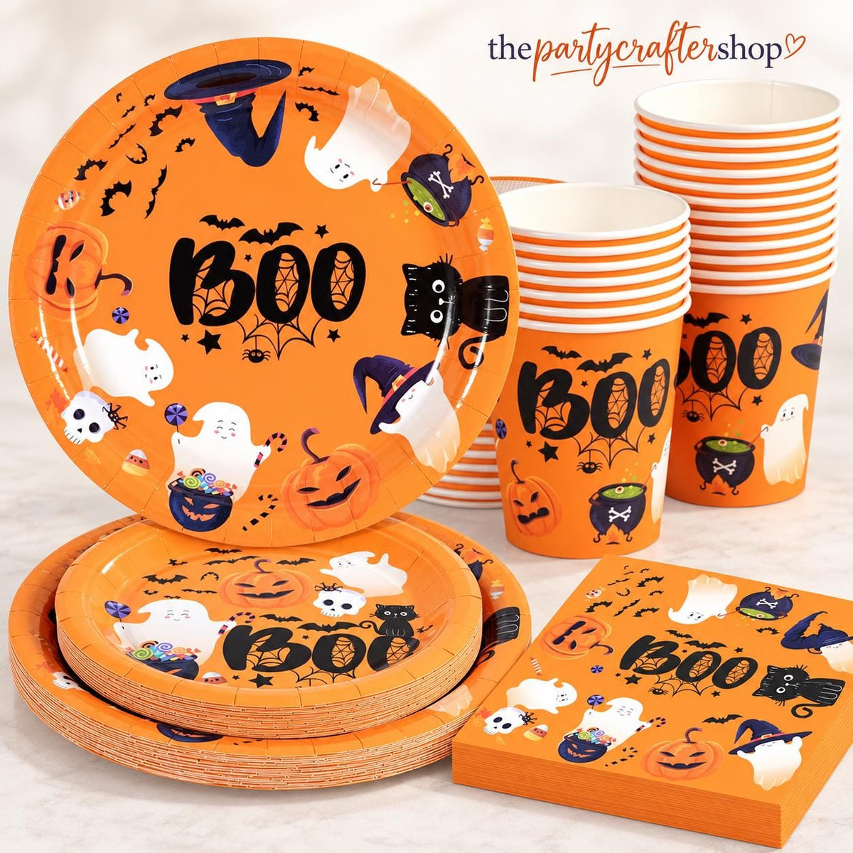 100-Piece Halloween Partyware Set: 9-Inch Plates, 7-Inch Dessert Plates, Cups, Napkins