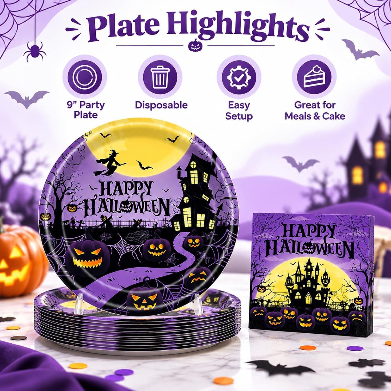 40-Piece Halloween Partyware Set: 9-Inch Purple Black Plates Napkins