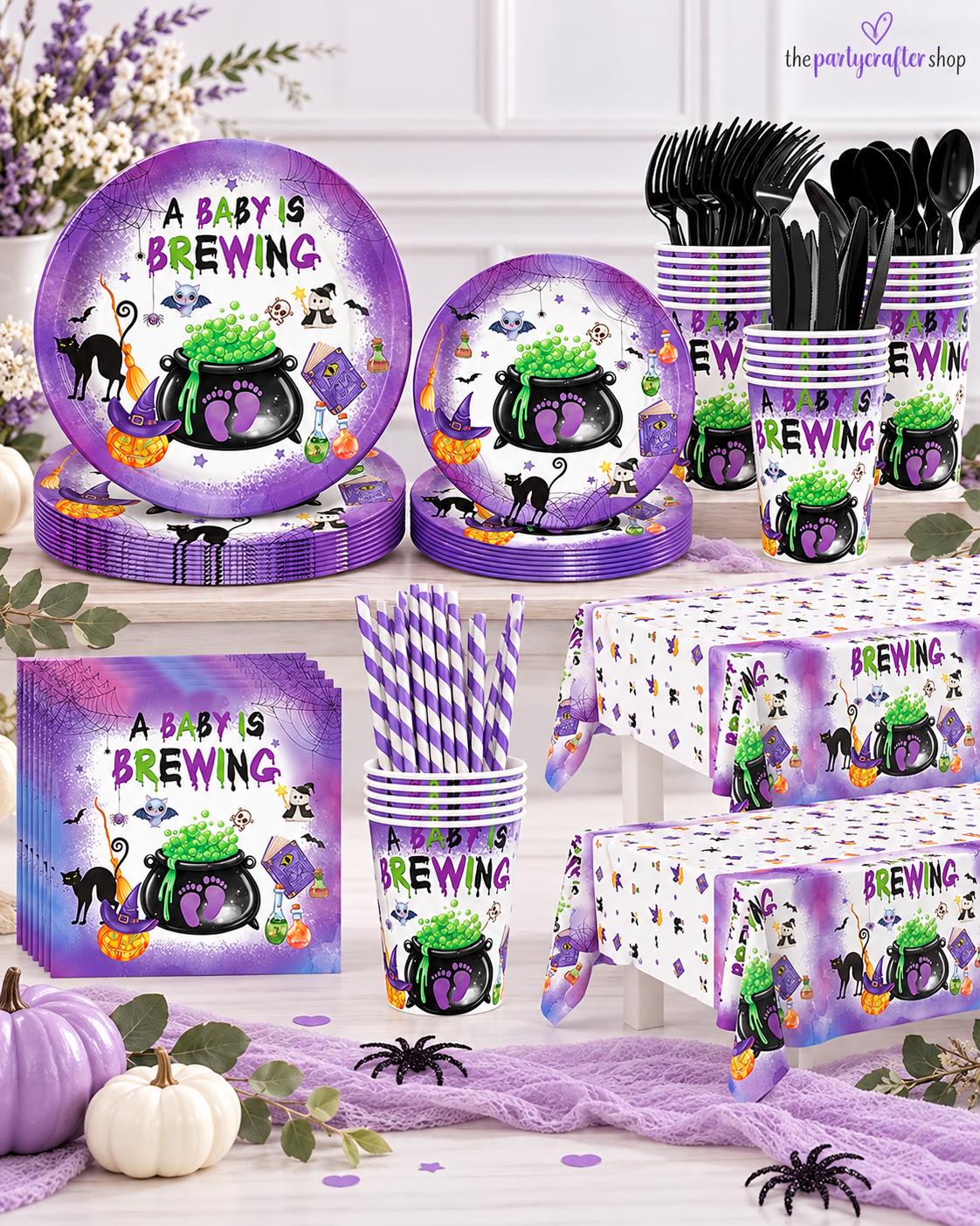 194-Piece Halloween Baby Shower Partyware Set, Purple Themed Tablecloths, Plates, Cups, Napkins, Straws