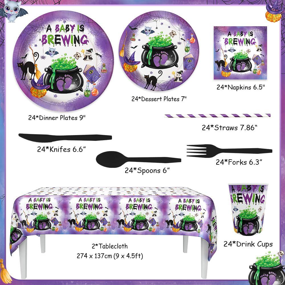 194-Piece Halloween Baby Shower Partyware Set, Purple Themed Tablecloths, Plates, Cups, Napkins, Straws