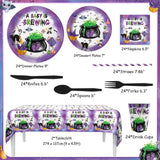 194-Piece Halloween Baby Shower Partyware Set, Purple Themed Tablecloths, Plates, Cups, Napkins, Straws