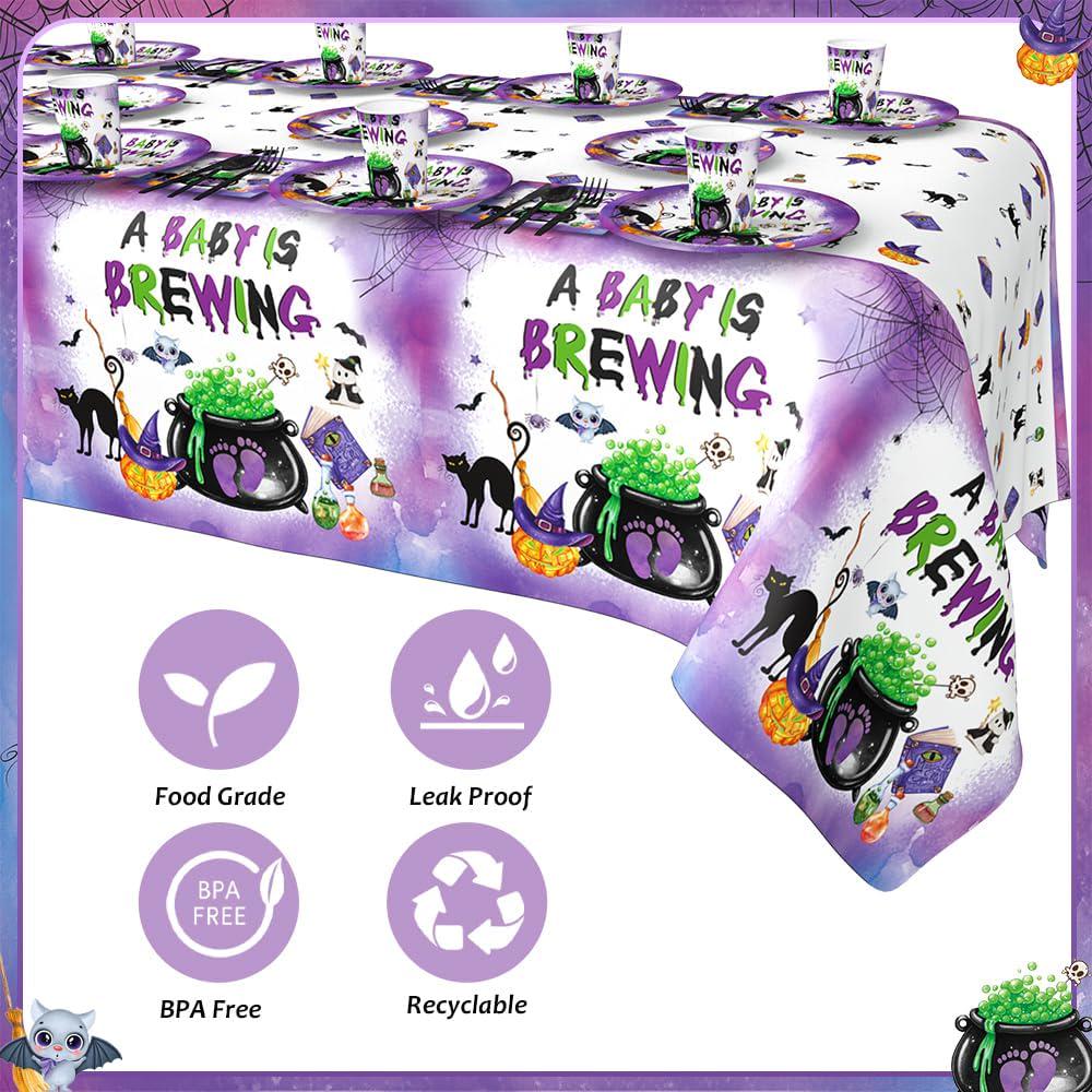 194-Piece Halloween Baby Shower Partyware Set, Purple Themed Tablecloths, Plates, Cups, Napkins, Straws