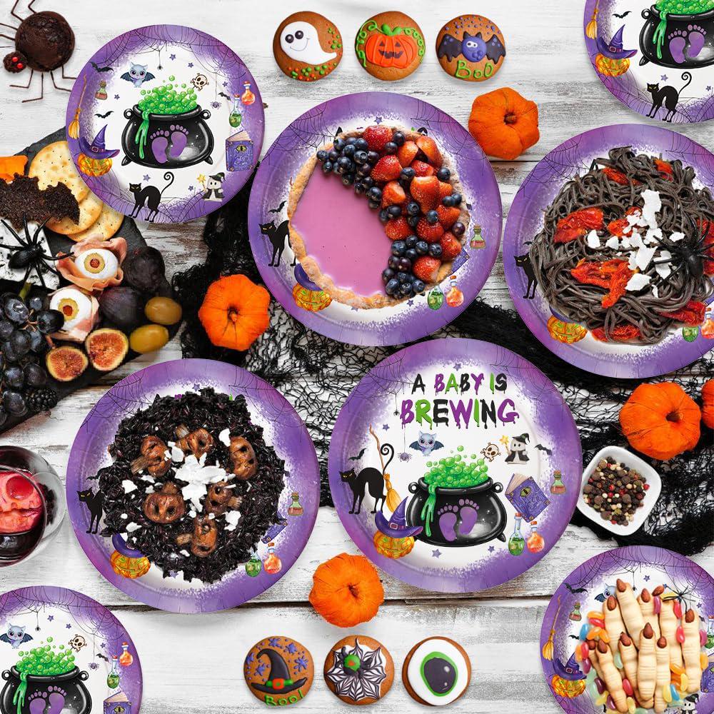 194-Piece Halloween Baby Shower Partyware Set, Purple Themed Tablecloths, Plates, Cups, Napkins, Straws