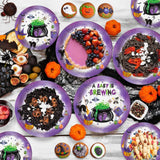 194-Piece Halloween Baby Shower Partyware Set, Purple Themed Tablecloths, Plates, Cups, Napkins, Straws