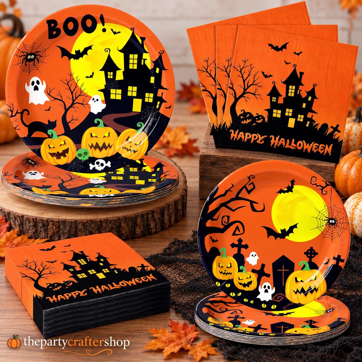 Disposable Halloween Tableware: 24 Guests, 9-Inch Dinner Plates, 7-Inch Dessert Plates