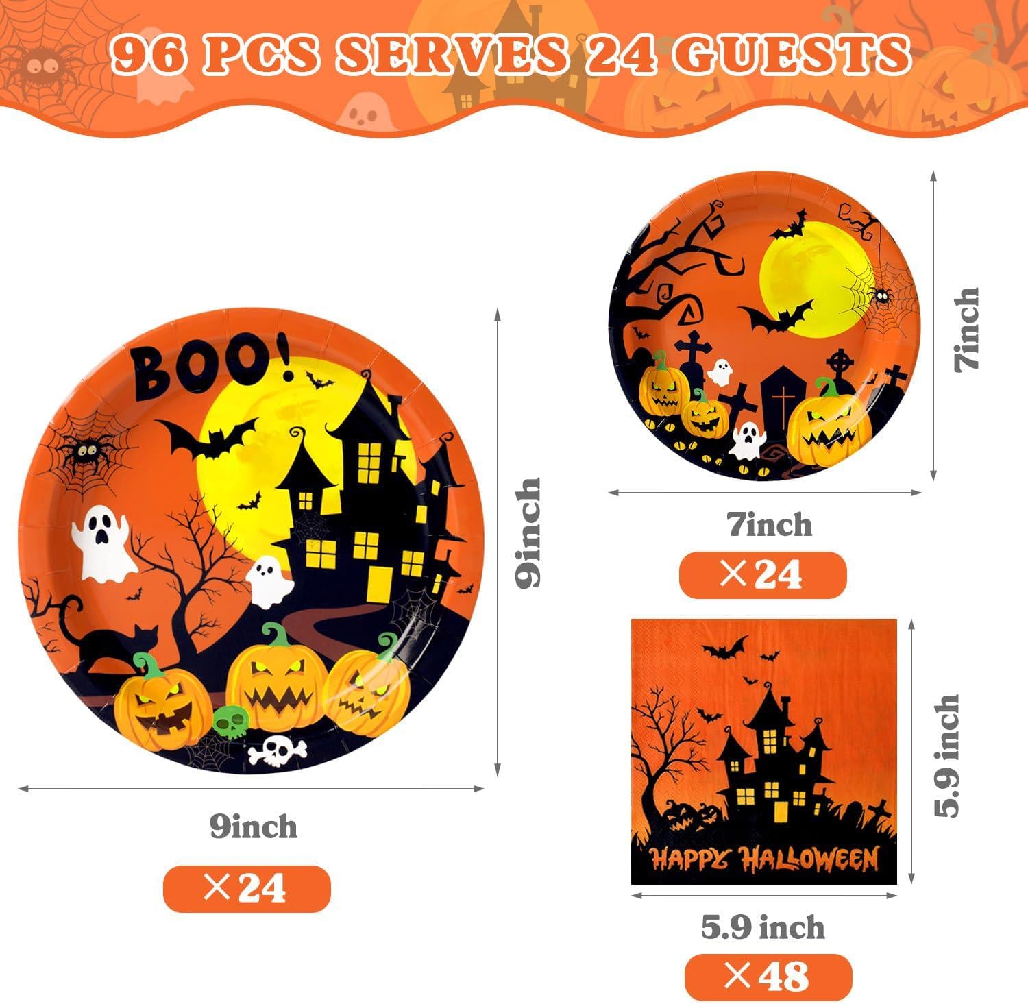 Disposable Halloween Tableware: 24 Guests, 9-Inch Dinner Plates, 7-Inch Dessert Plates