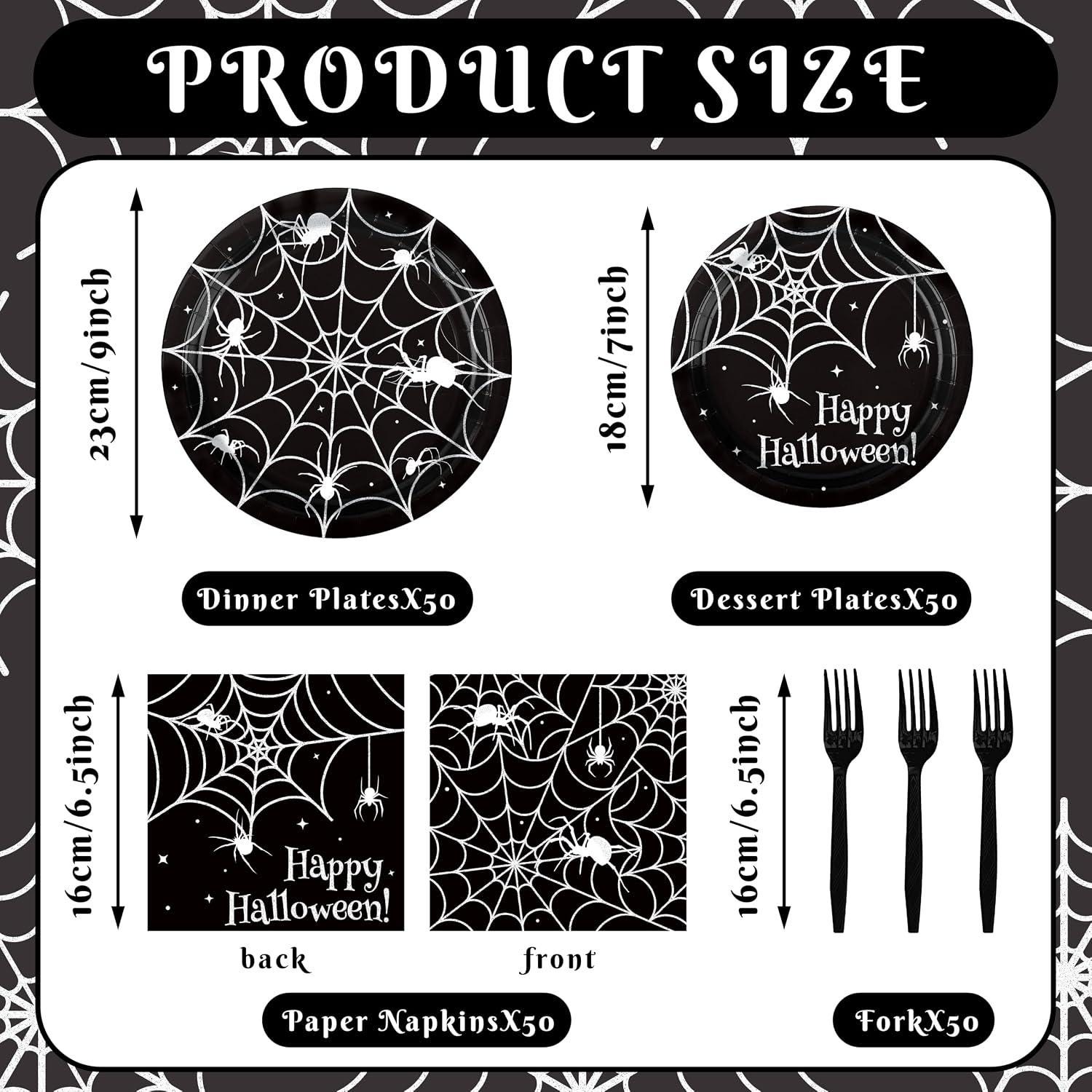 200-Piece Halloween Partyware Set: 9-Inch Spider Web Plates, Napkins, Forks