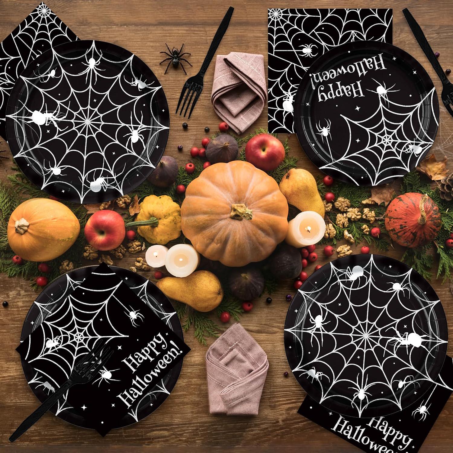 200-Piece Halloween Partyware Set: 9-Inch Spider Web Plates, Napkins, Forks