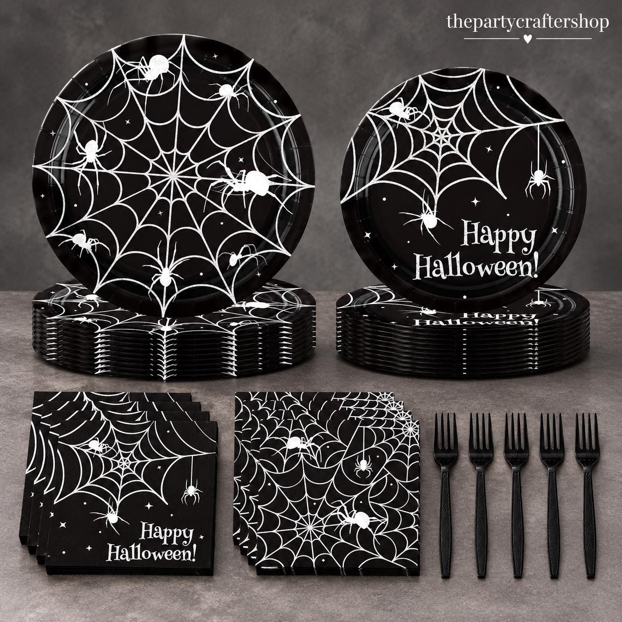 200-Piece Halloween Partyware Set: 9-Inch Spider Web Plates, Napkins, Forks