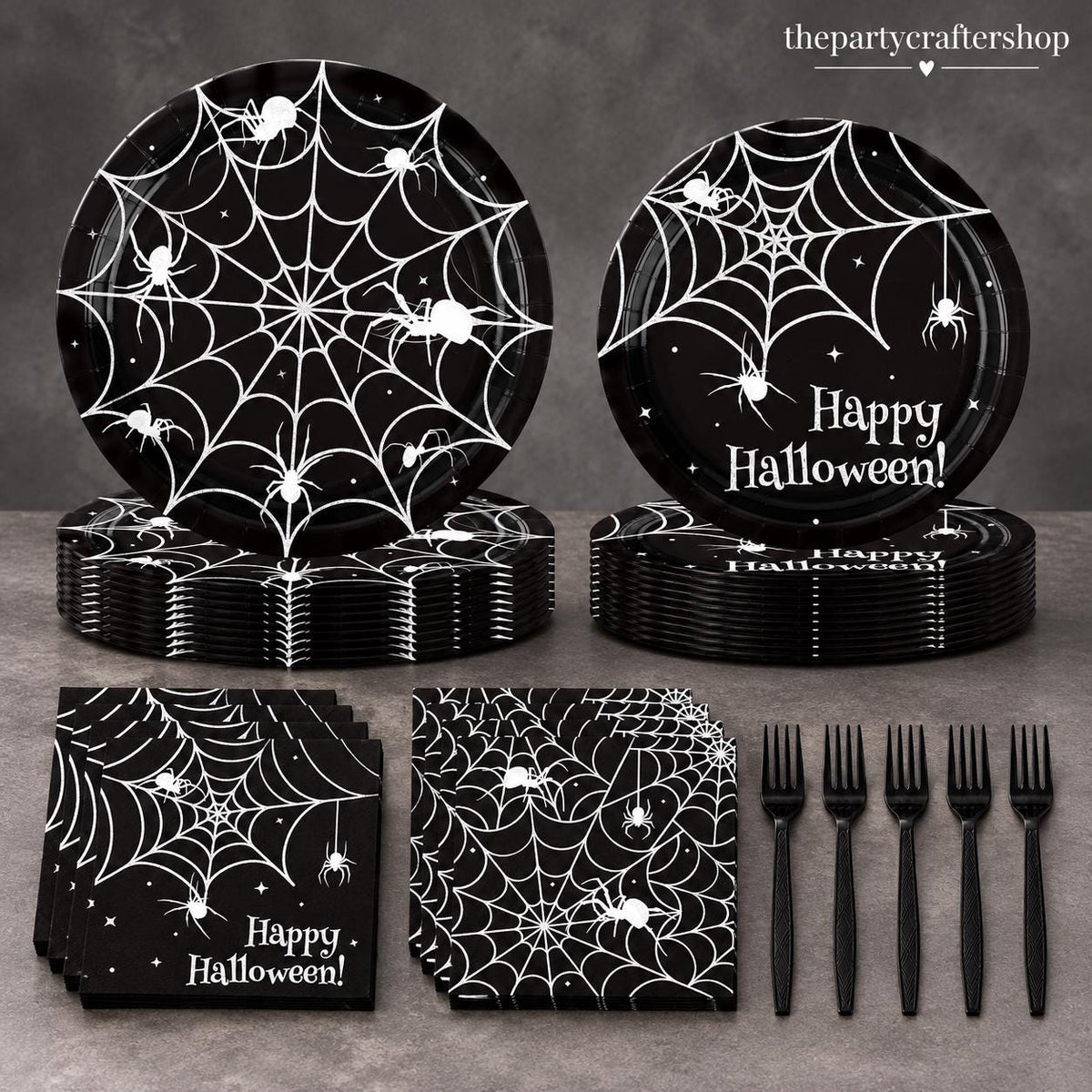 200-Piece Halloween Partyware Set: 9-Inch Spider Web Plates, Napkins, Forks