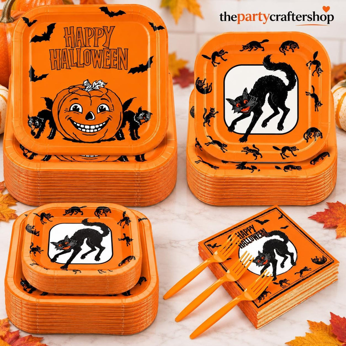 Vintage Halloween Party Set: Large Plates, Small Platters, Napkins, Forks
