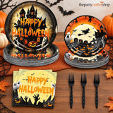 100 Piece Halloween Partyware Set, 9-Inch Dinner Plates, 7-Inch Dessert Plates, Napkins, Plastic Forks