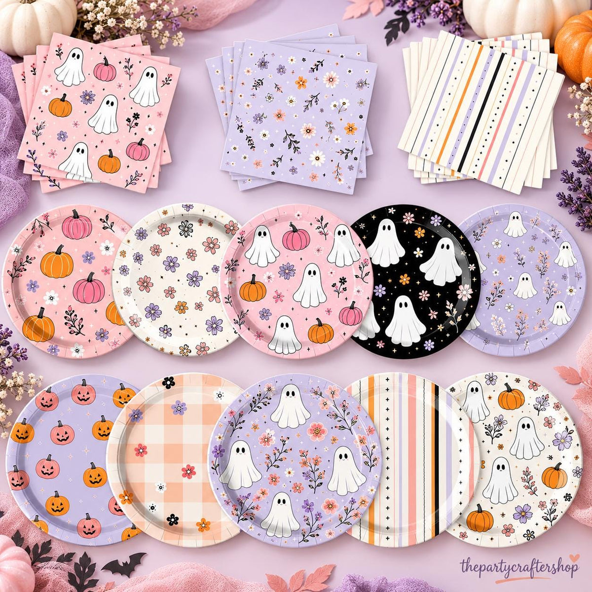 60-Piece Halloween Partyware Set: 9-Inch Plates, 7-Inch Plates, Napkins (Pink, Lavender, Cream, Black)