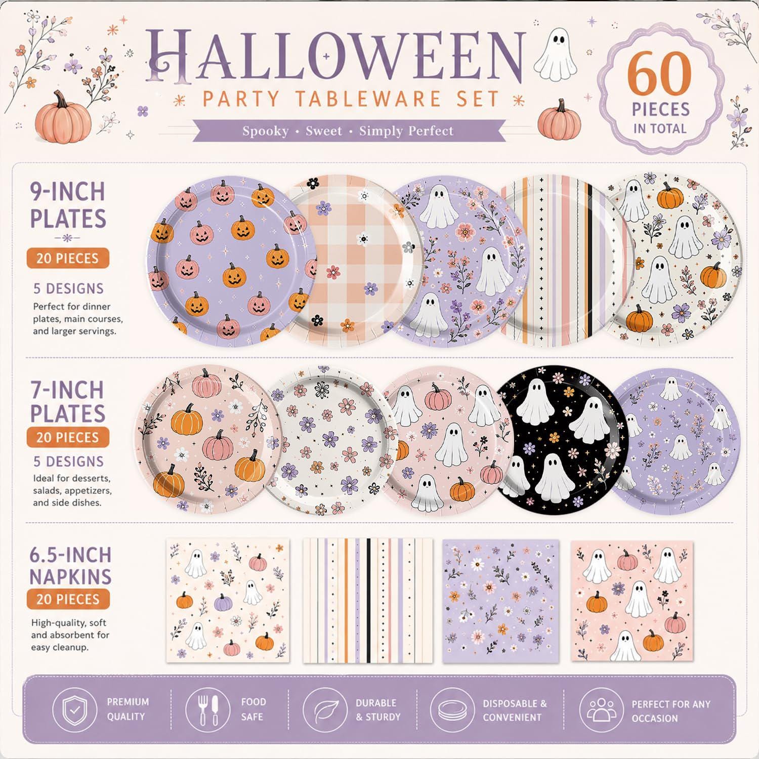 60-Piece Halloween Partyware Set: 9-Inch Plates, 7-Inch Plates, Napkins (Pink, Lavender, Cream, Black)