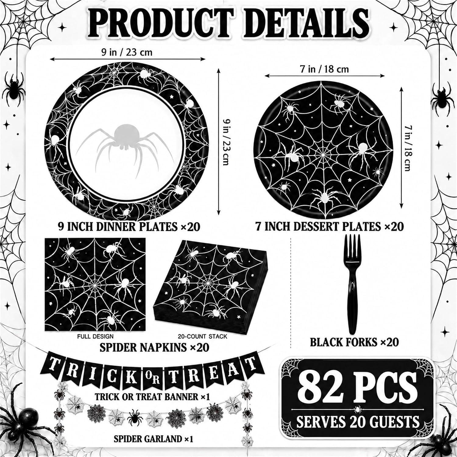 Halloween Party Set: 82 Pieces for 20 Guests, Black Spider Web Design, Disposable Paper