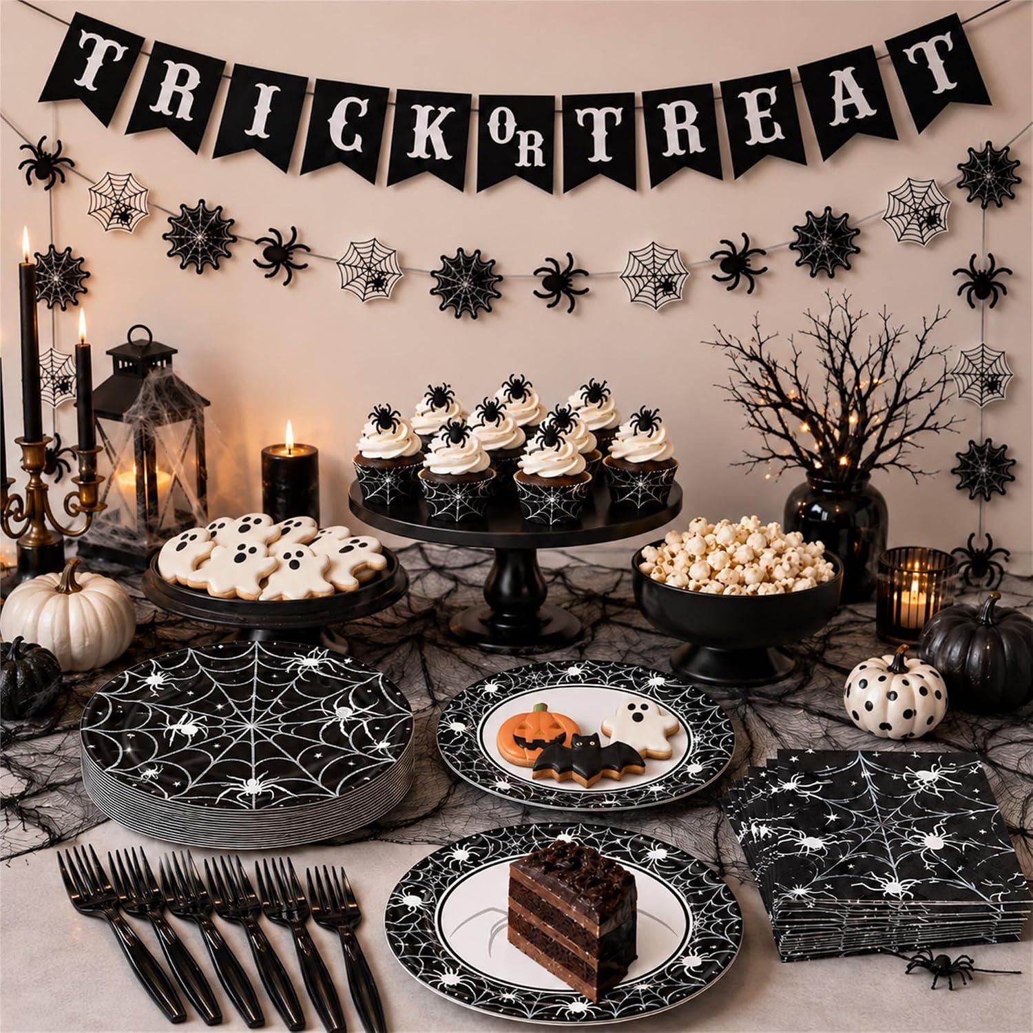 Halloween Party Set: 82 Pieces for 20 Guests, Black Spider Web Design, Disposable Paper