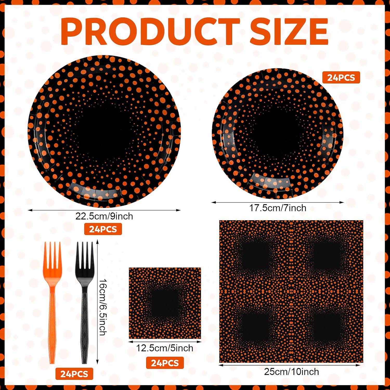 Black Orange Polka Dot Partyware Set: 9-Inch Dinner Plates, 7-Inch Dessert Plates, Napkins, Forks