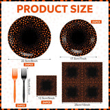 Black Orange Polka Dot Partyware Set: 9-Inch Dinner Plates, 7-Inch Dessert Plates, Napkins, Forks