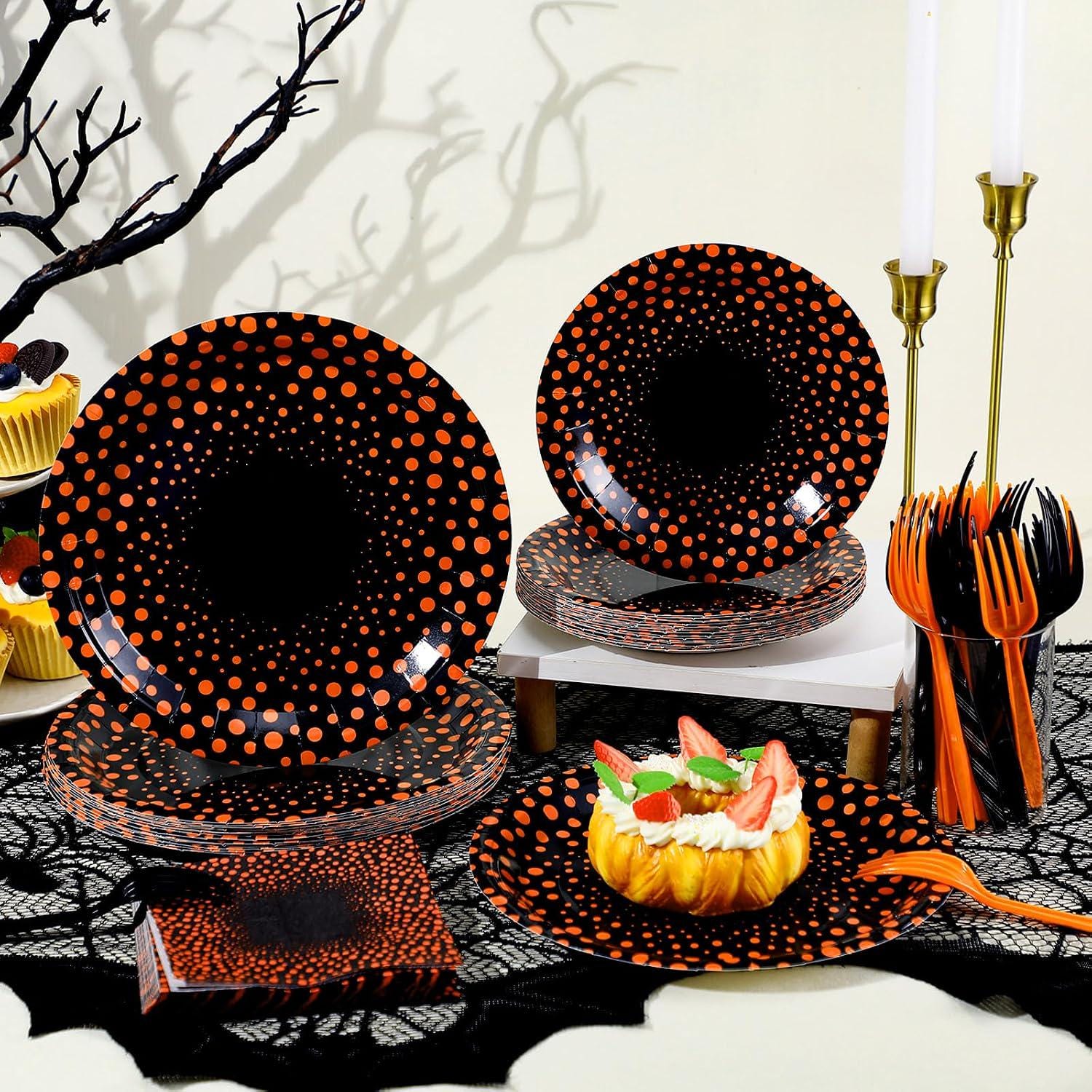 Black Orange Polka Dot Partyware Set: 9-Inch Dinner Plates, 7-Inch Dessert Plates, Napkins, Forks