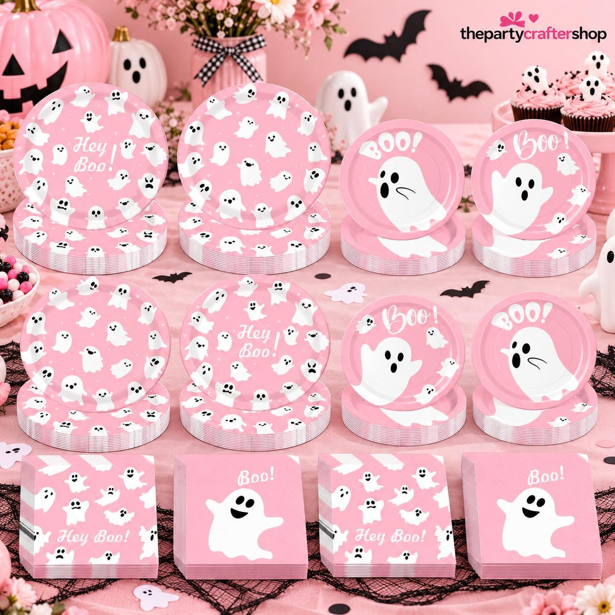 180-Piece Pink Halloween Partyware Set: Ghost Plates, Napkins (Disposable)