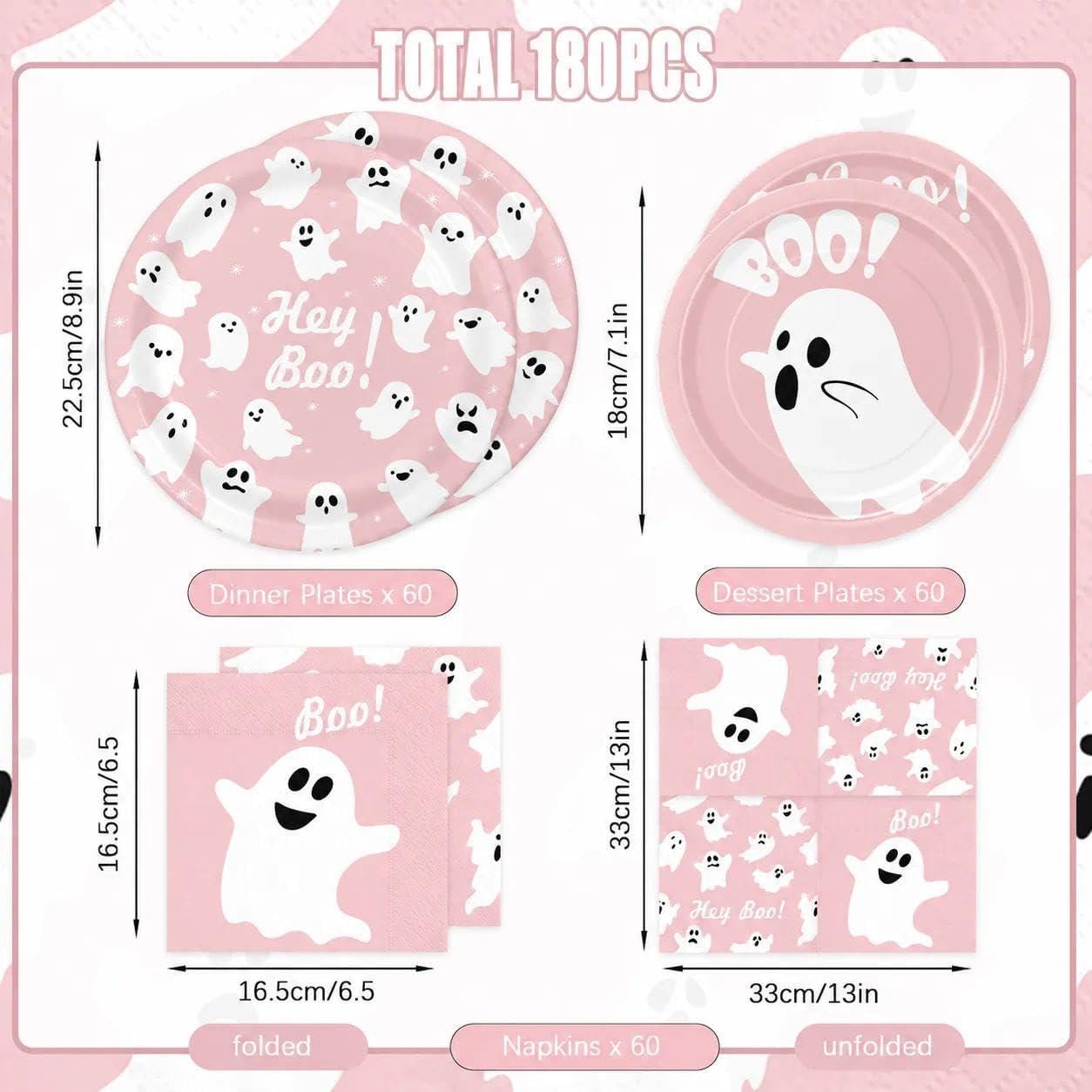 180-Piece Pink Halloween Partyware Set: Ghost Plates, Napkins (Disposable)