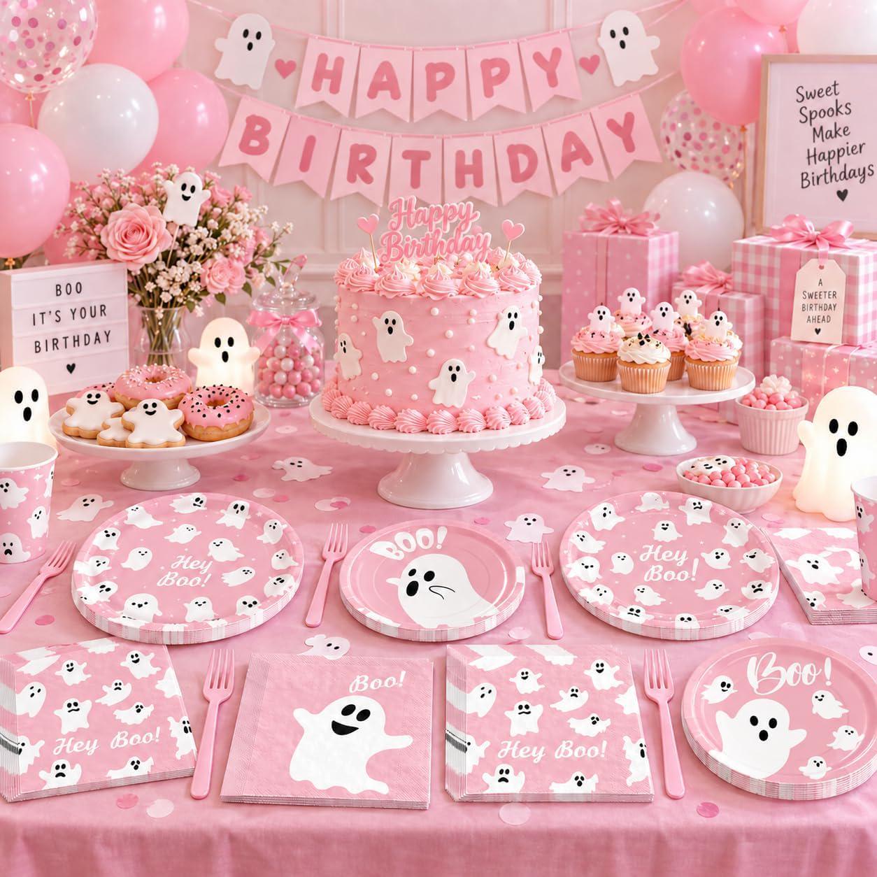 180-Piece Pink Halloween Partyware Set: Ghost Plates, Napkins (Disposable)