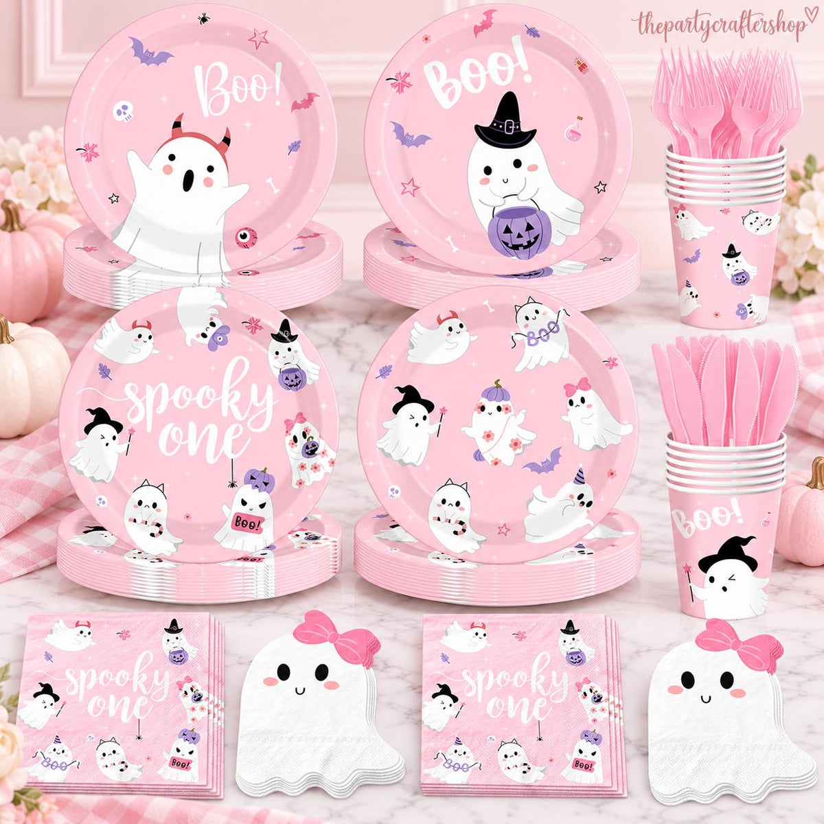 Disposable Partyware Set, Pink Spooky One Ghost Plates, 9-Inch and 7-Inch for Baby Girl