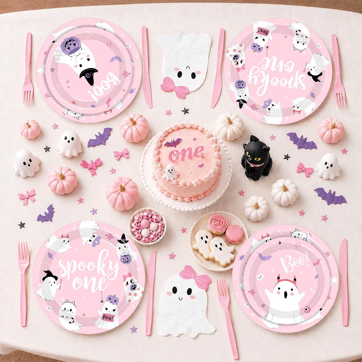 Disposable Partyware Set, Pink Spooky One Ghost Plates, 9-Inch and 7-Inch for Baby Girl