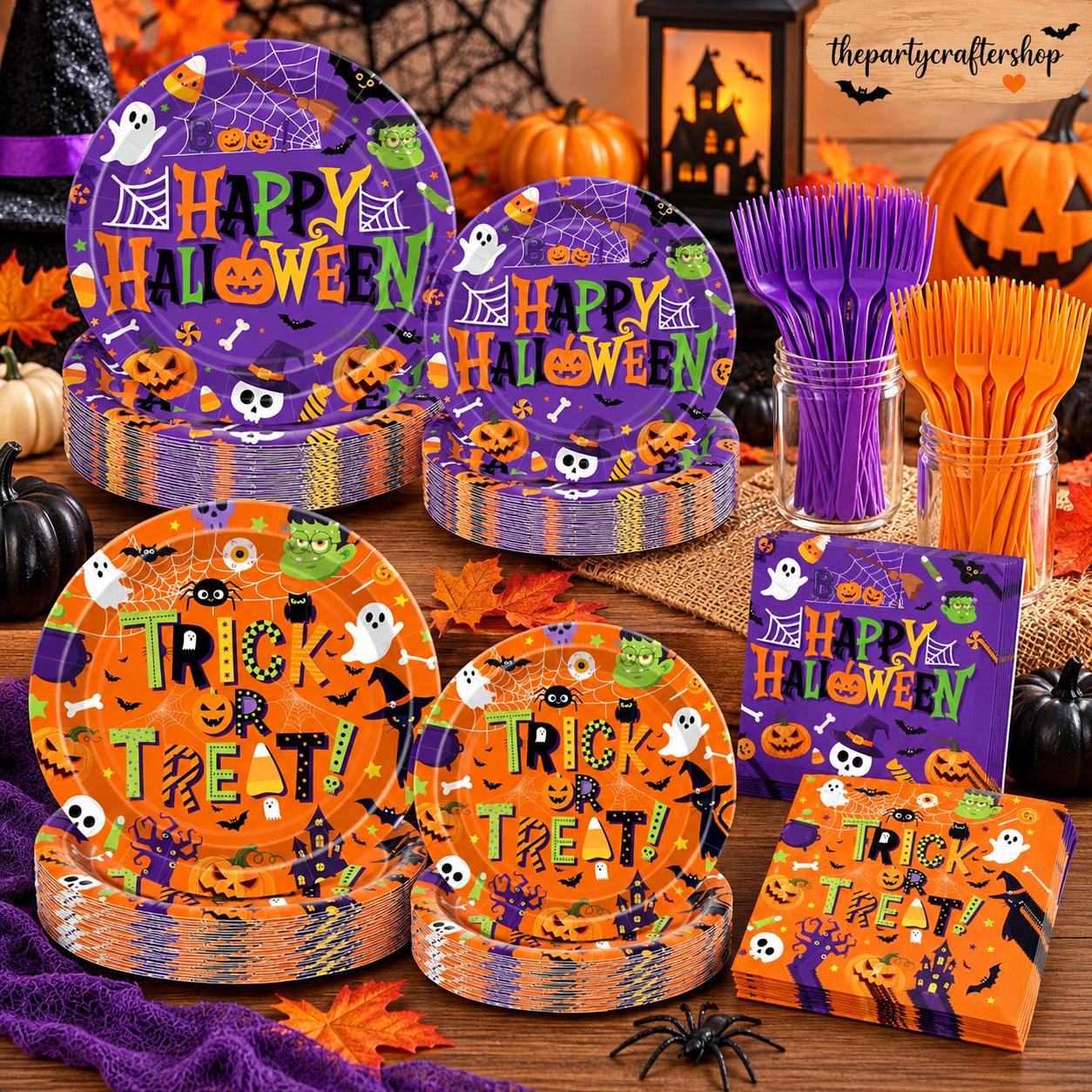 Disposable Halloween Tableware: 9-Inch Dinner Plates, 7-Inch Dessert Plates, 6.5-Inch Napkins, 6.3-Inch Forks