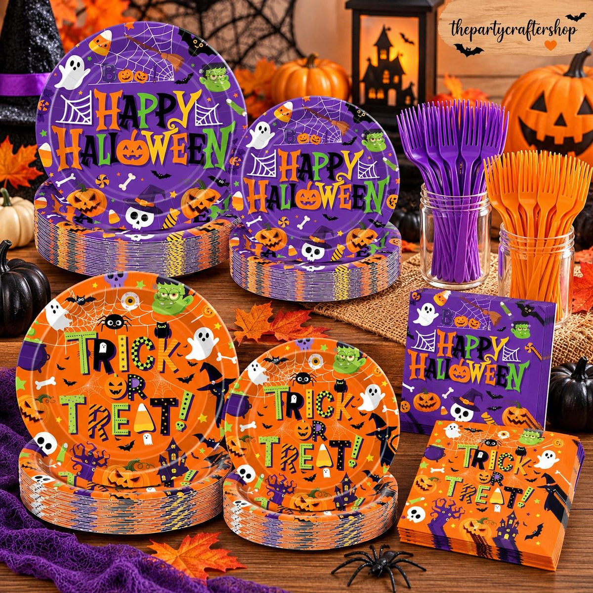 Disposable Halloween Tableware: 9-Inch Dinner Plates, 7-Inch Dessert Plates, 6.5-Inch Napkins, 6.3-Inch Forks