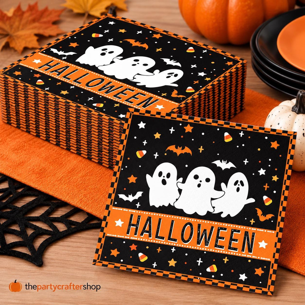 Halloween Luncheon Napkins, Set of 40 Disposable Black Orange 3-Ply Paper