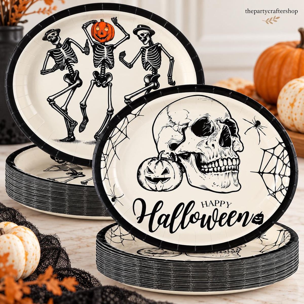Gothic Skeleton Paper Plates, 12-Inch Disposable Party Plates (Set of 50)