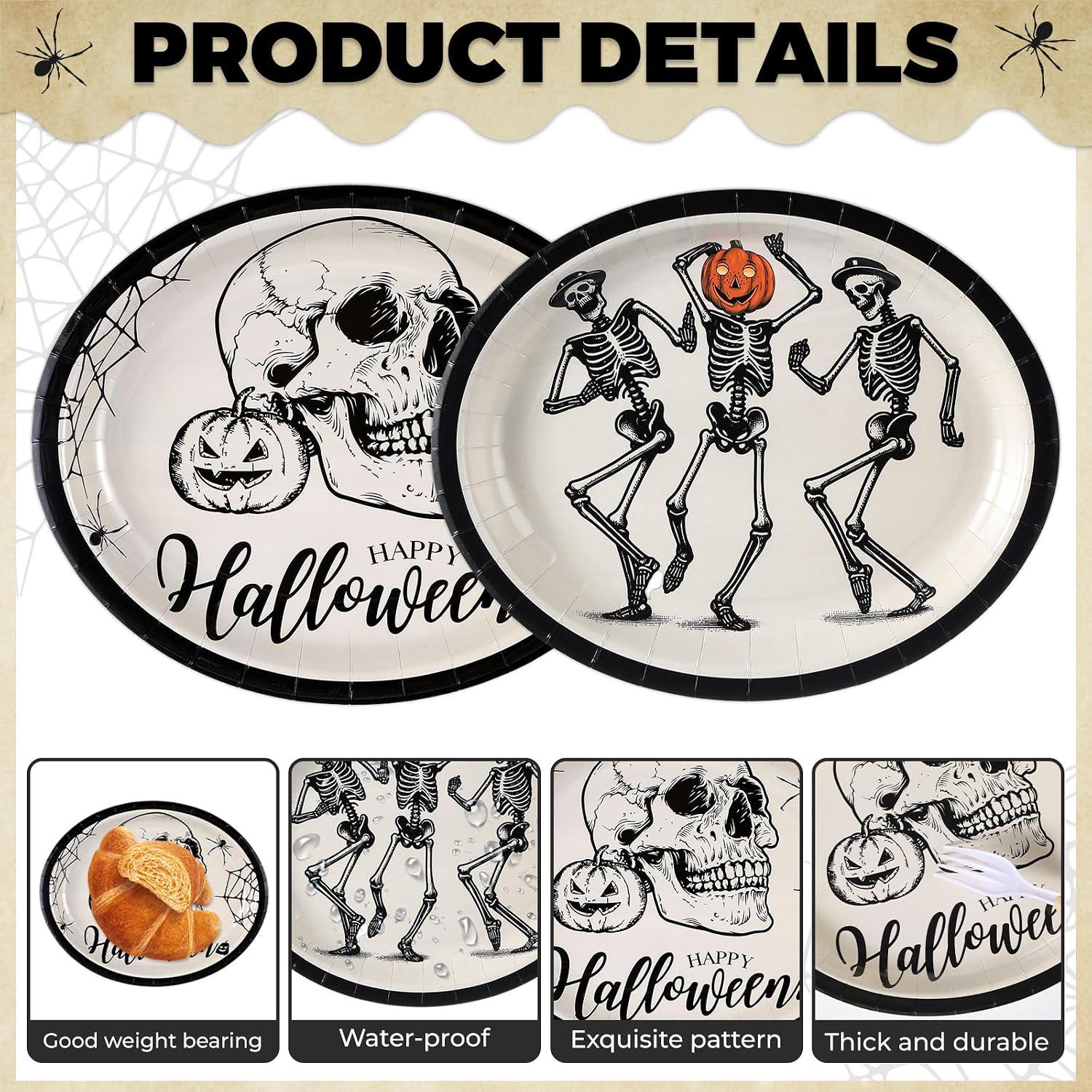 Gothic Skeleton Paper Plates, 12-Inch Disposable Party Plates (Set of 50)
