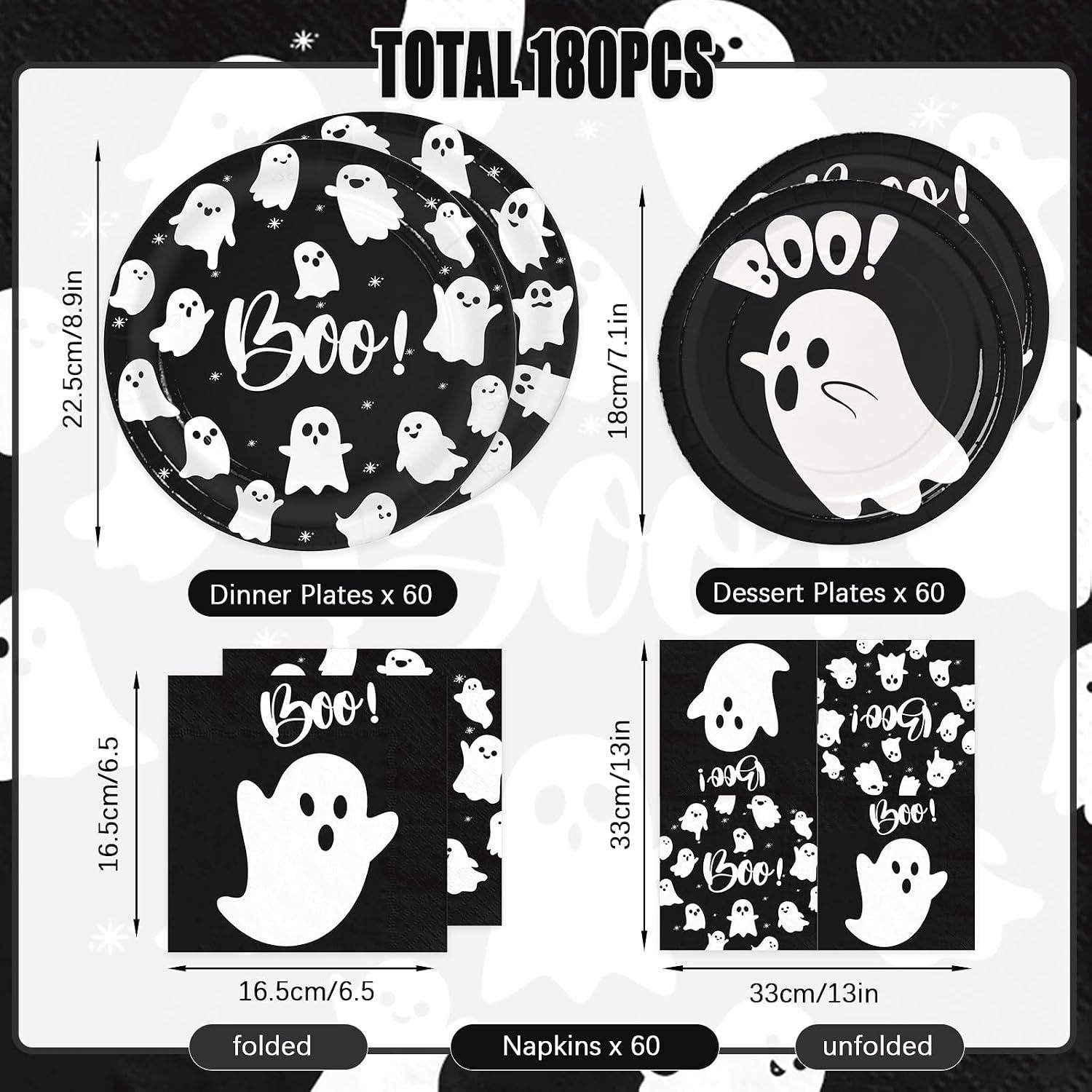 Disposable Halloween Tableware: 180-Piece Set with Ghosts, Stars, and Boo Text for Parties
