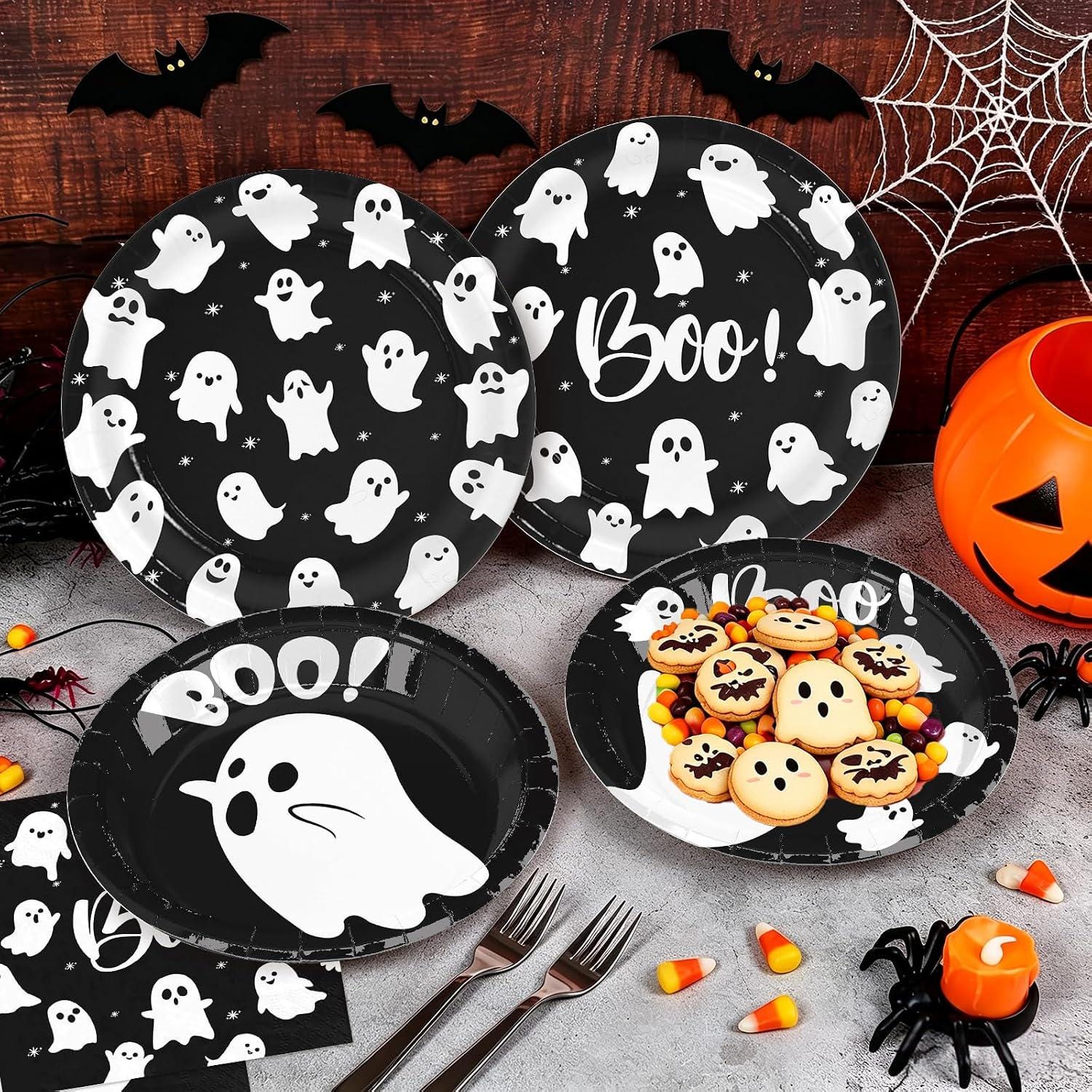 Disposable Halloween Tableware: 180-Piece Set with Ghosts, Stars, and Boo Text for Parties