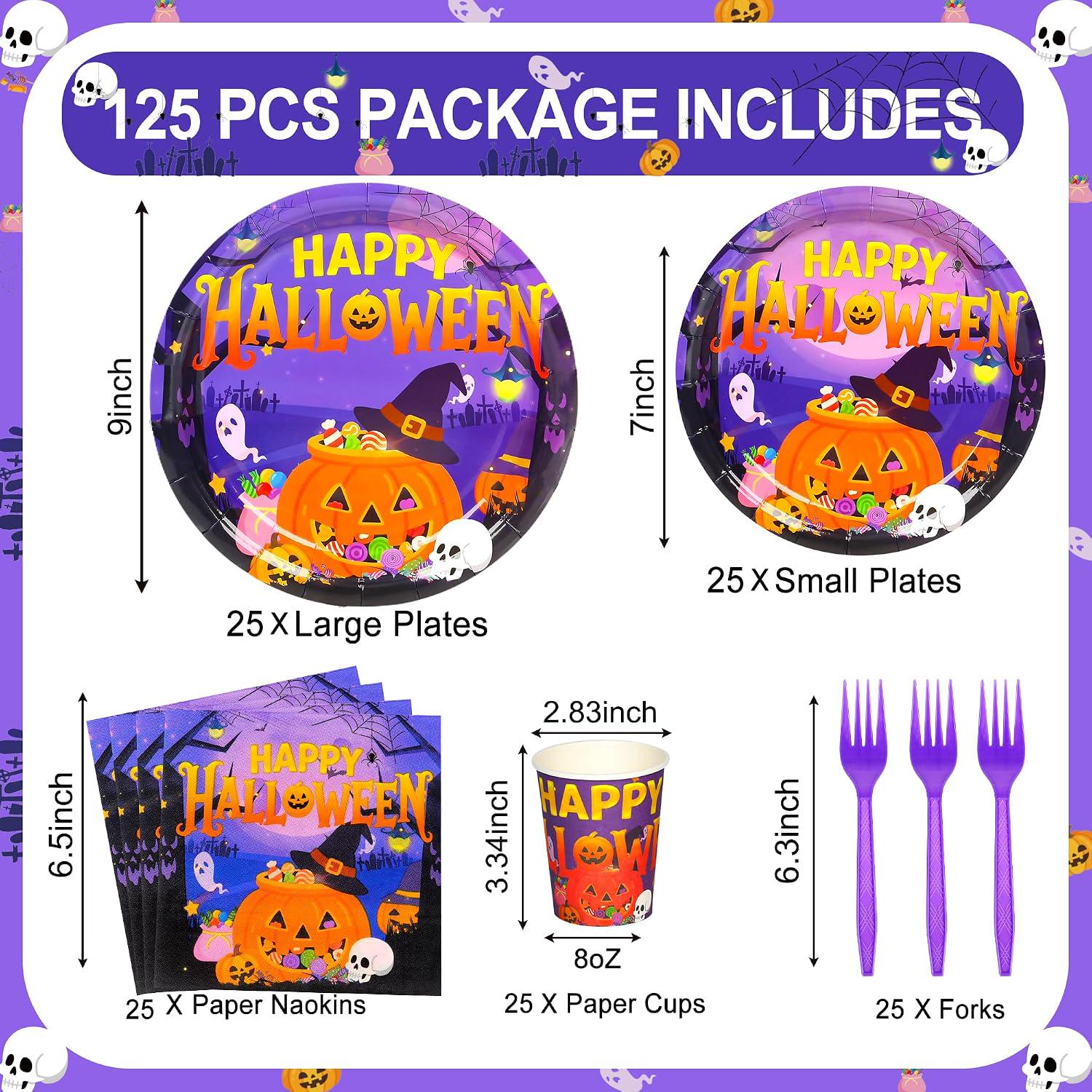 Halloween Party Set: 25 Guests, 9-Inch Dinner Plates, 7-Inch Dessert, 8-Ounce Cups, Napkins, Forks