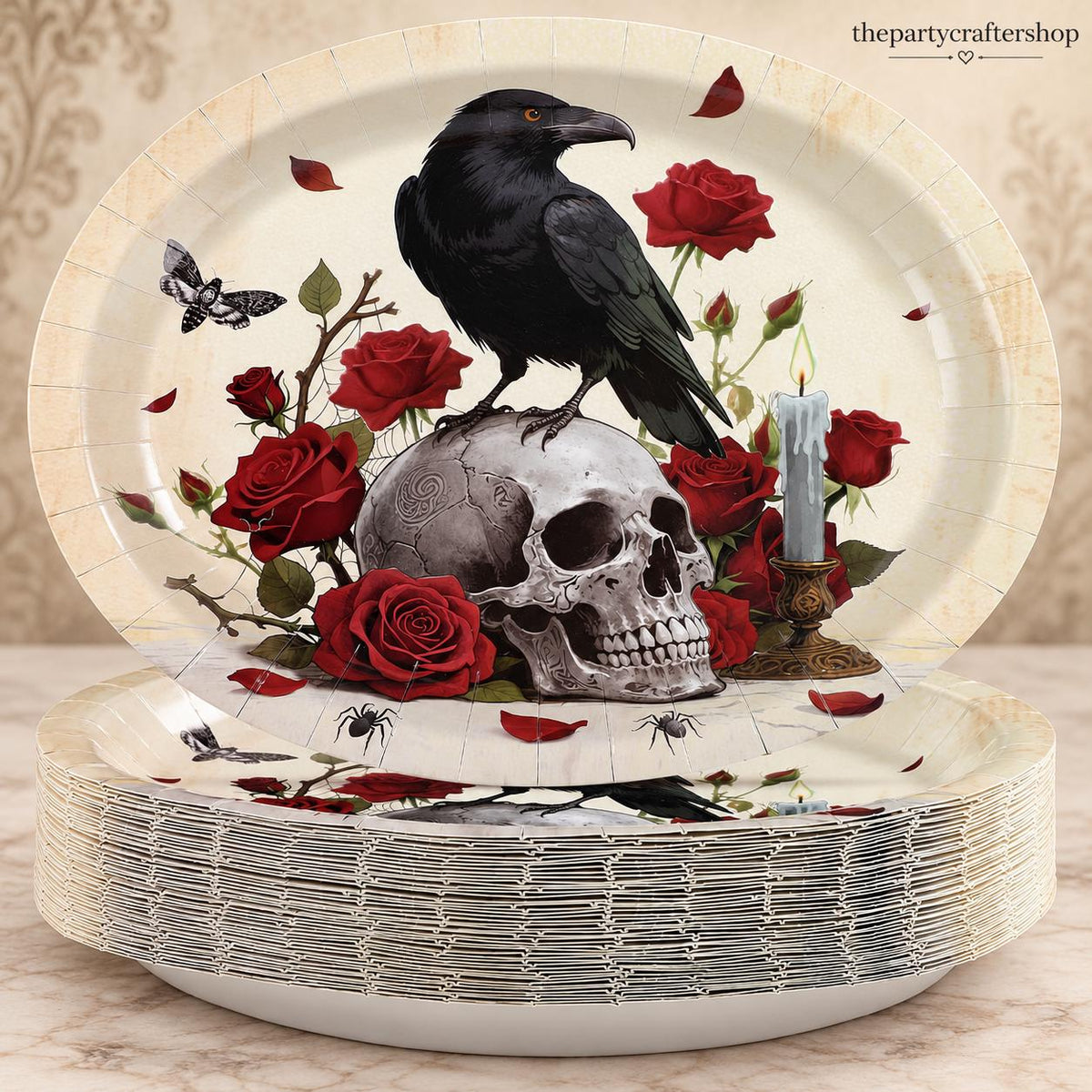 Oval Paper Plates, 50 Pack Gothic Skull Red Rose Black Crow Halloween Table Setting