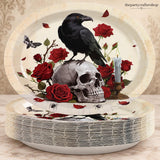 Oval Paper Plates, 50 Pack Gothic Skull Red Rose Black Crow Halloween Table Setting