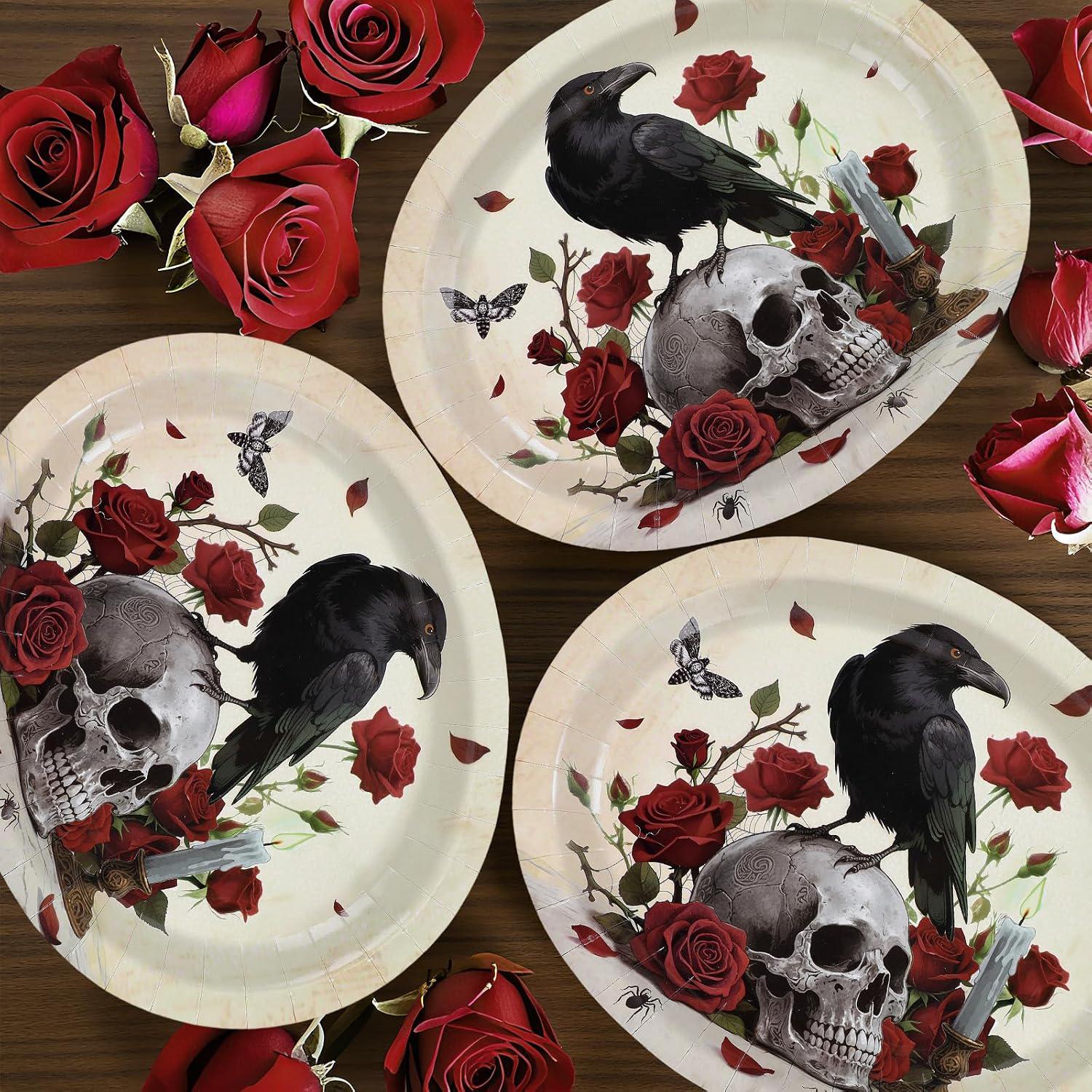 Oval Paper Plates, 50 Pack Gothic Skull Red Rose Black Crow Halloween Table Setting