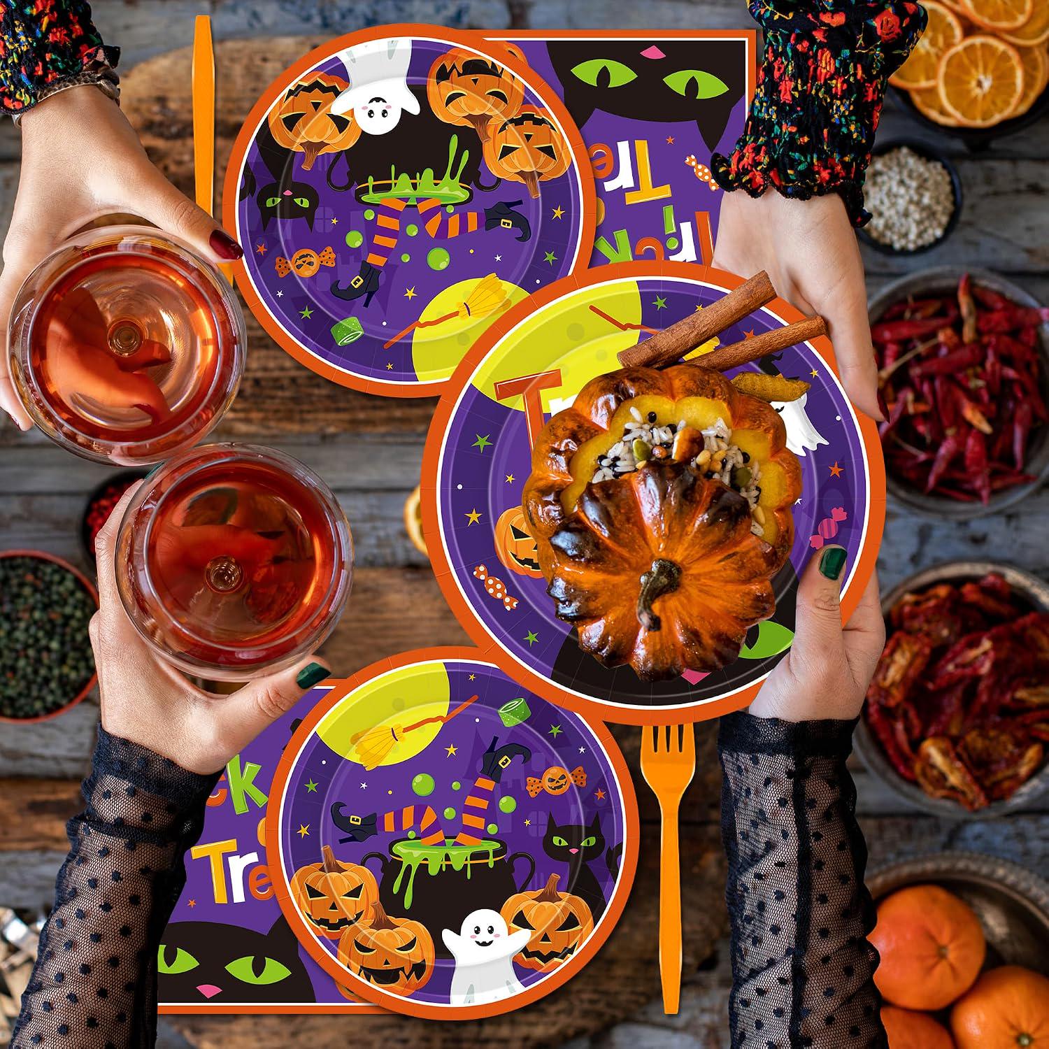 Disposable Halloween Tableware: 9-Inch Plates, 7-Inch Dessert Plates, Printed Napkins