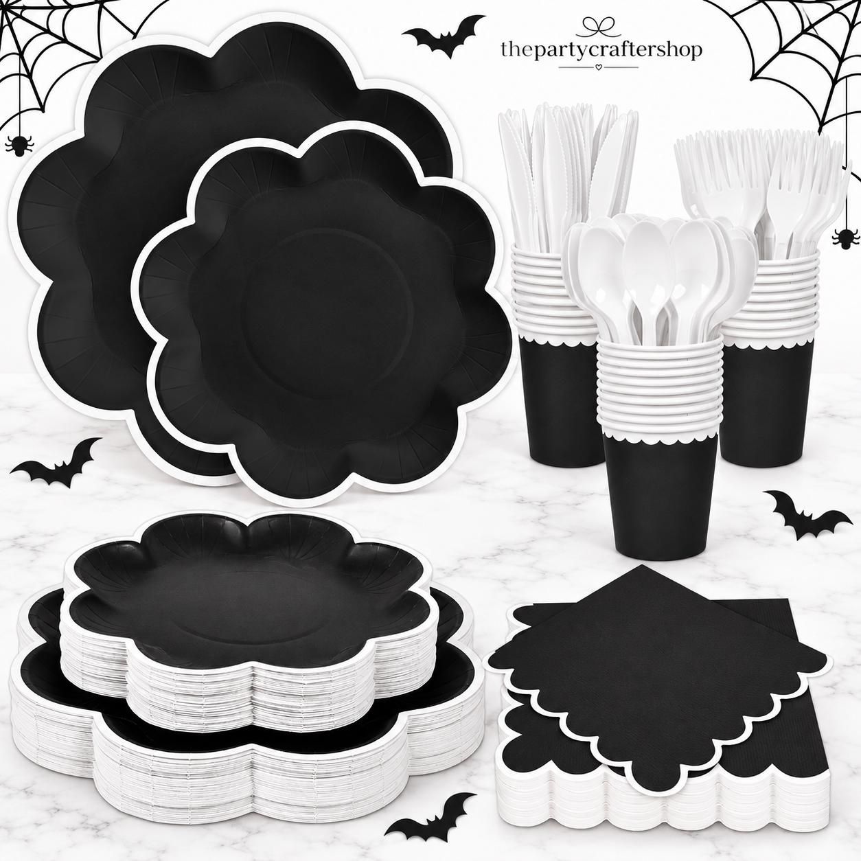 350-Piece Disposable Partyware Set, Black and White Paper Plates Cups Napkins Cutlery