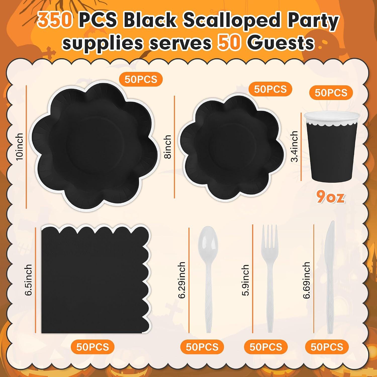 350-Piece Disposable Partyware Set, Black and White Paper Plates Cups Napkins Cutlery