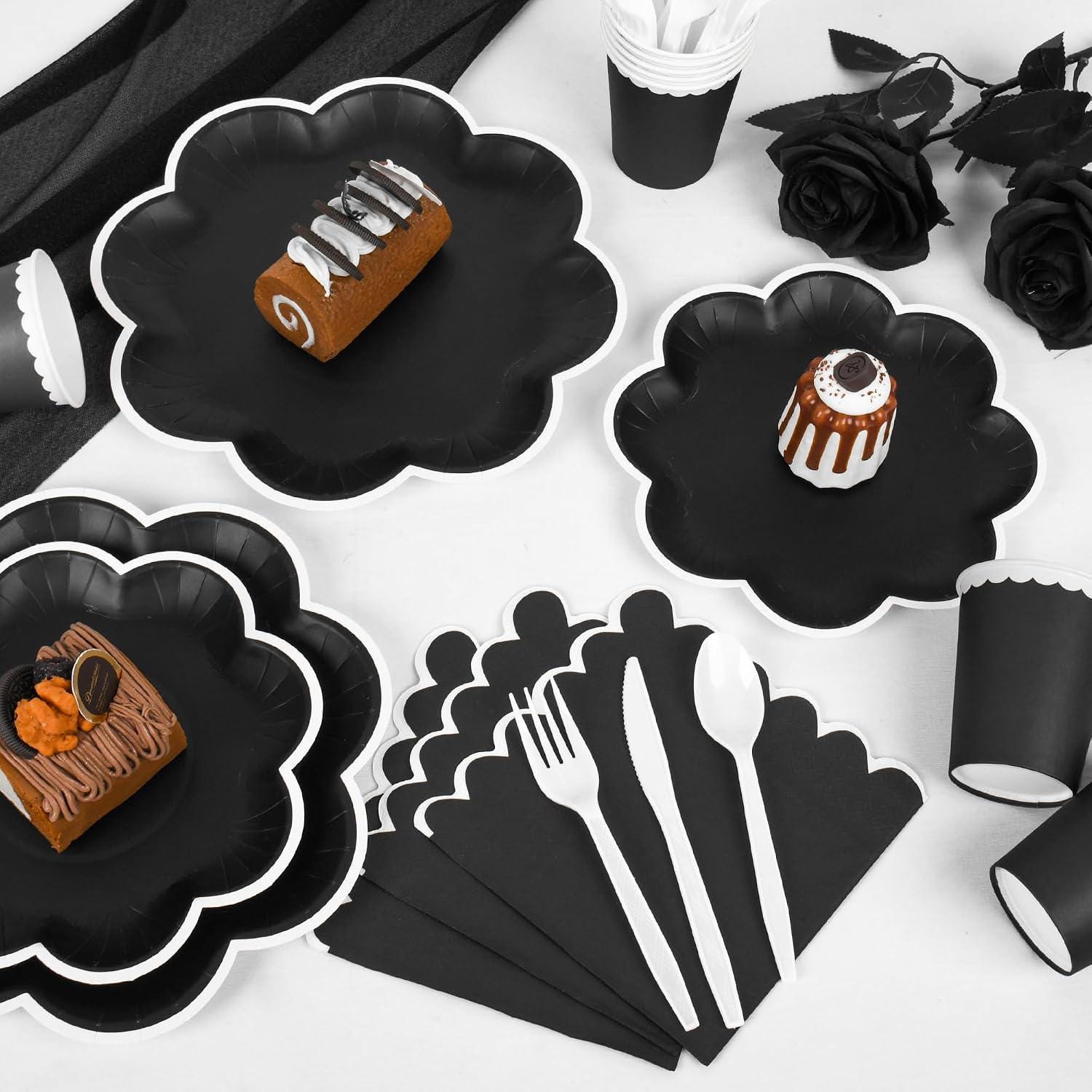350-Piece Disposable Partyware Set, Black and White Paper Plates Cups Napkins Cutlery