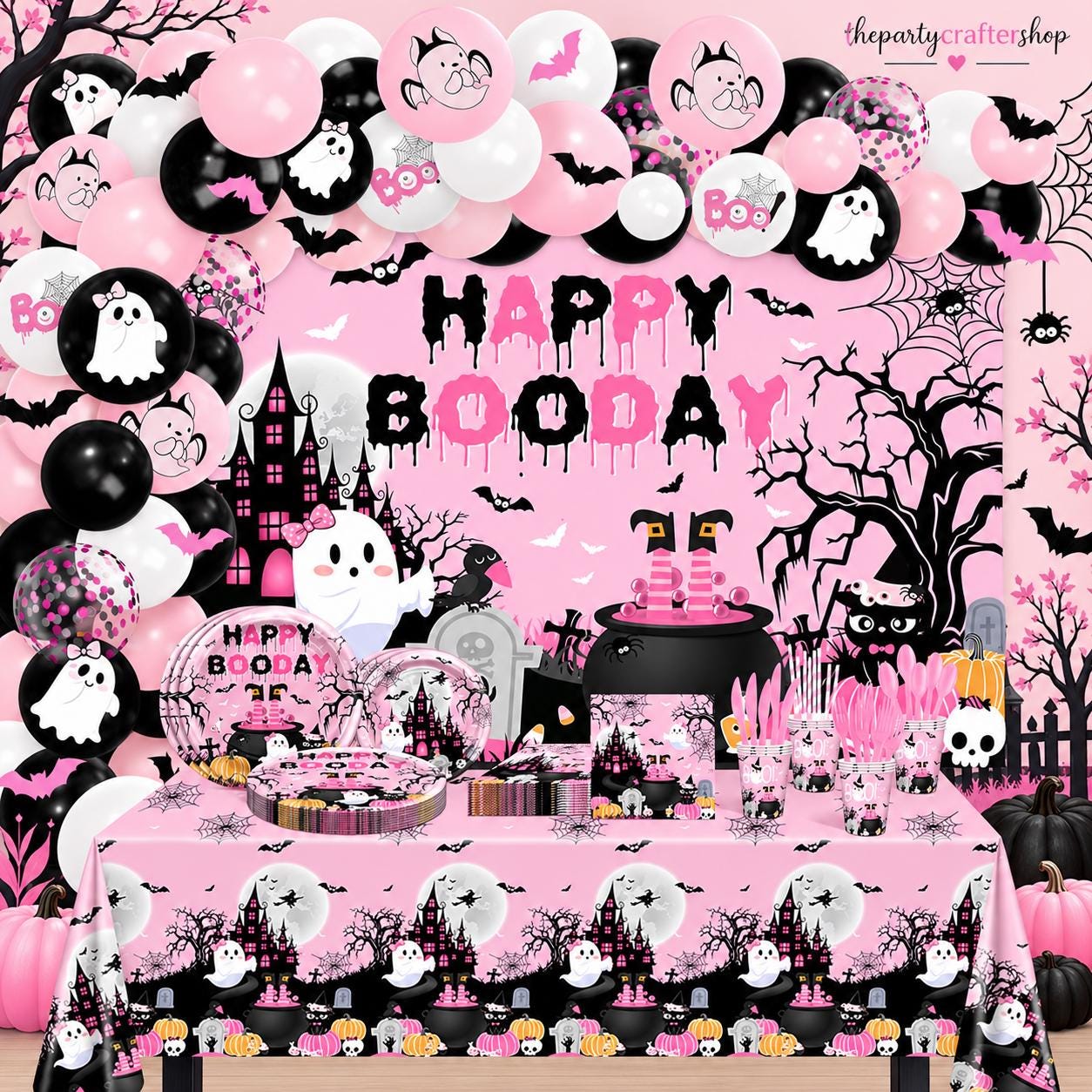 Pink Black Halloween Party Set: 24-Guest Tableware, Backdrop, 80 Balloons