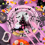 Pink Black Halloween Party Set: 24-Guest Tableware, Backdrop, 80 Balloons