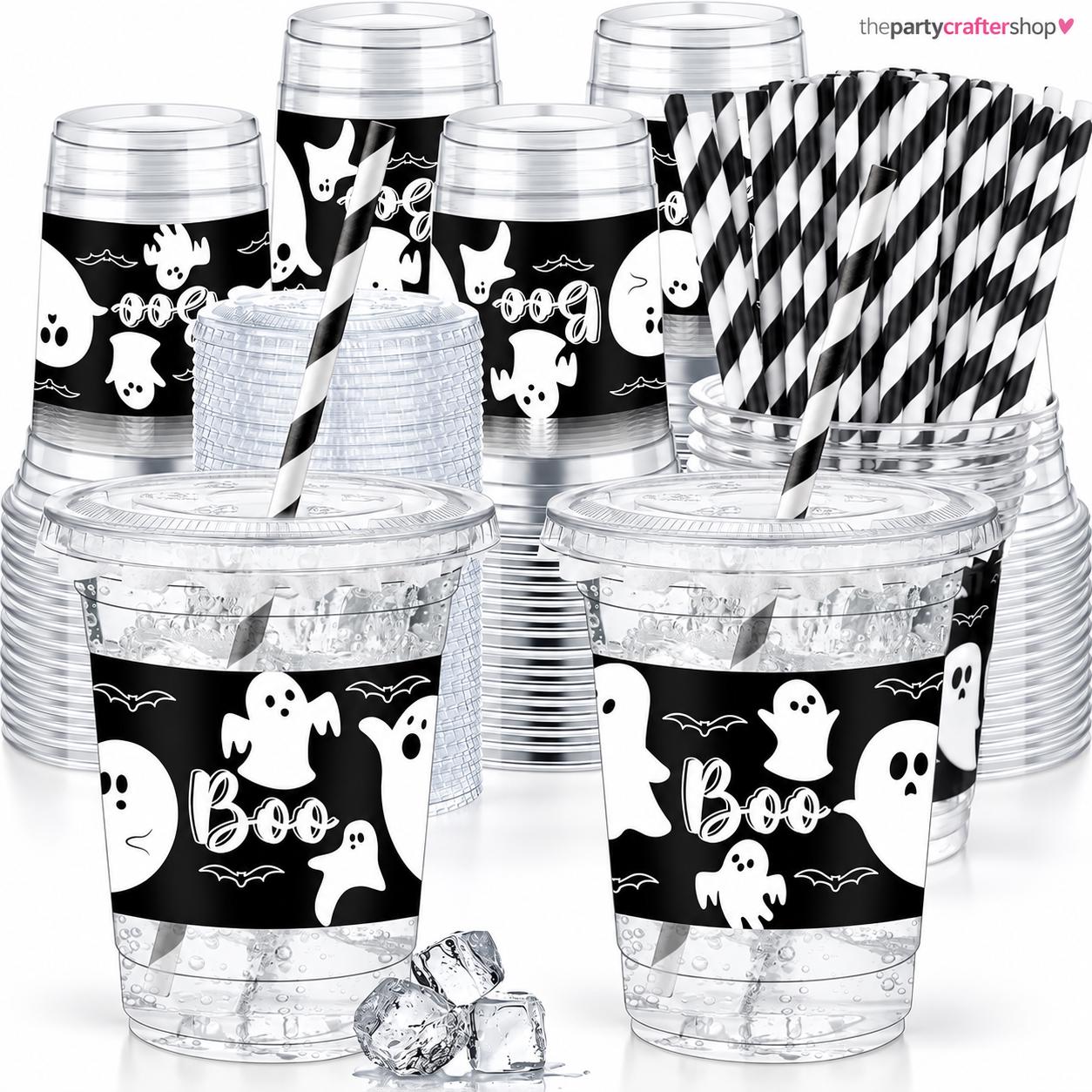 Spooky Drink Station Set: 50 Ghost Cups, Lids, Straws, Seals for Parties